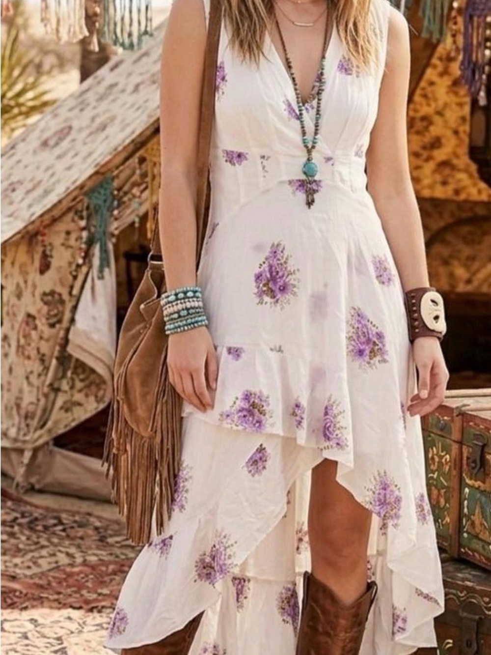 Free People Birdie High-Low Floral Dress w/ Purple Blooms